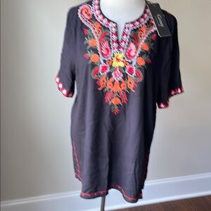 Black and Orange Mini Dress with Mandarin Collar and Short Sleeves